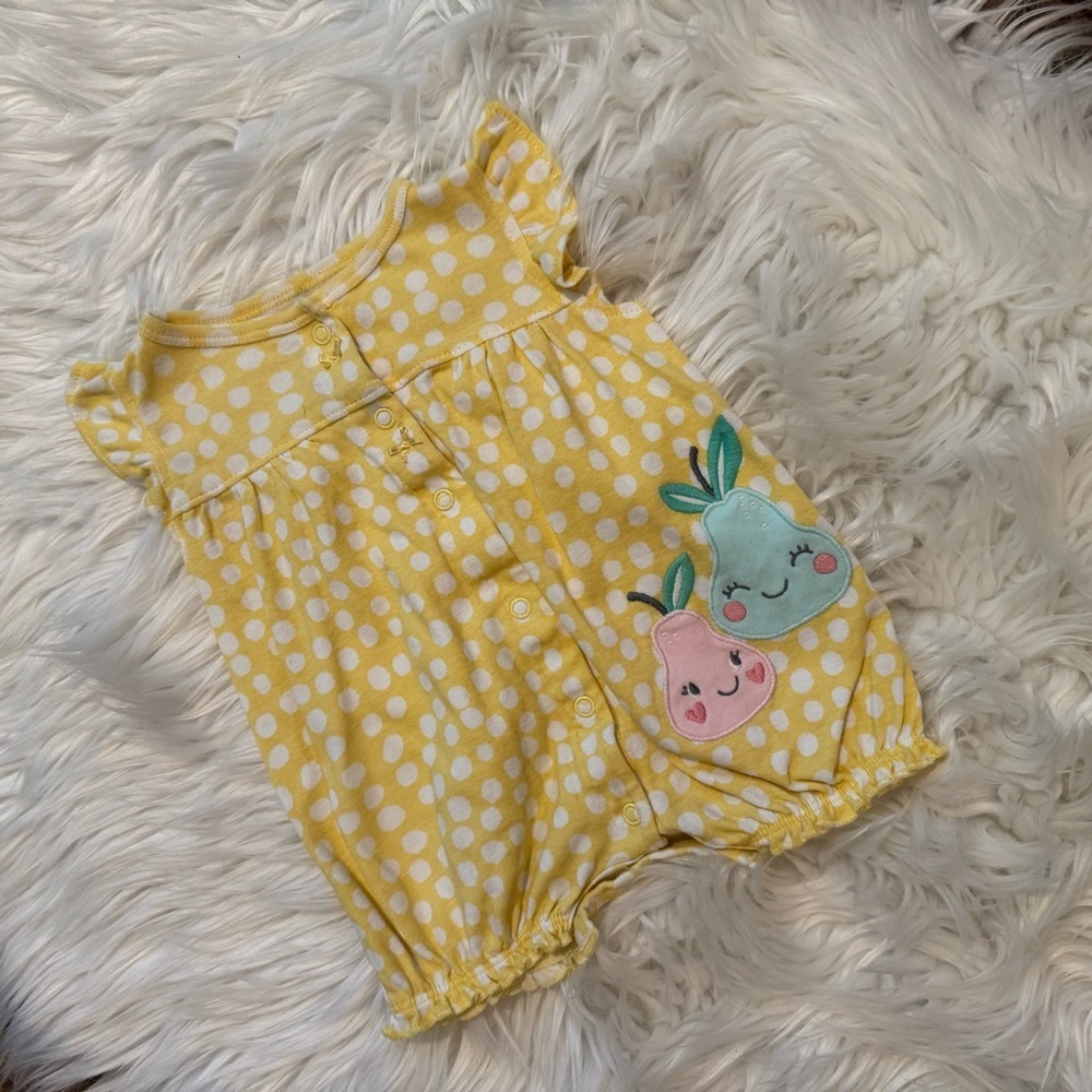 Carterβs Baby Girl Yellow Polka Dot Pear Print Baby Romper Sizeβ 3 Months